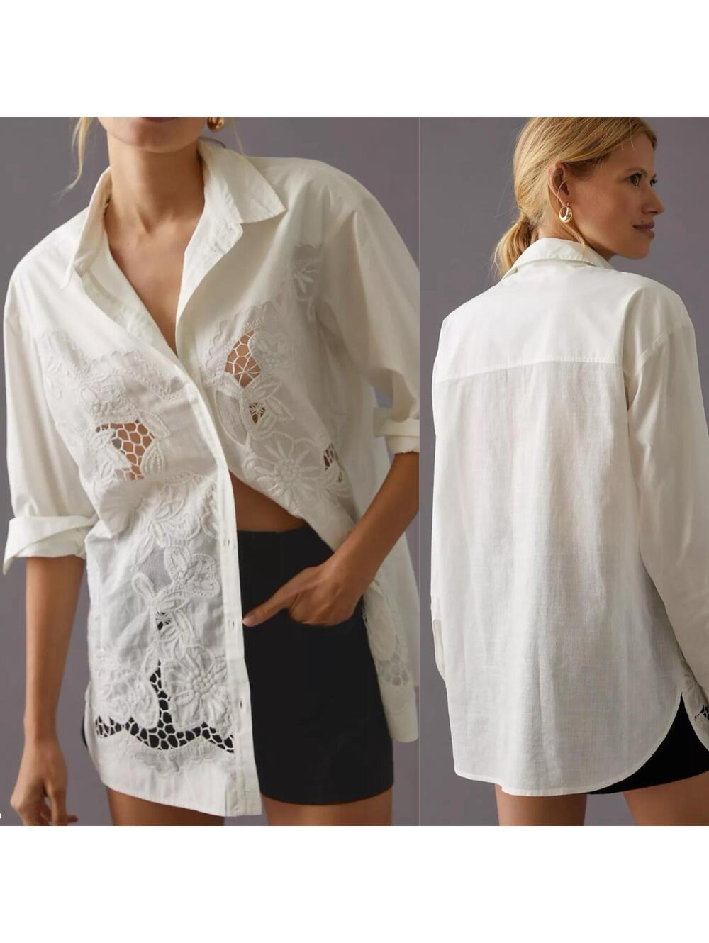 ANTHROPOLOGIE Maeve Long-Sleeve Oversized Lace Buttondown Shirt - SM